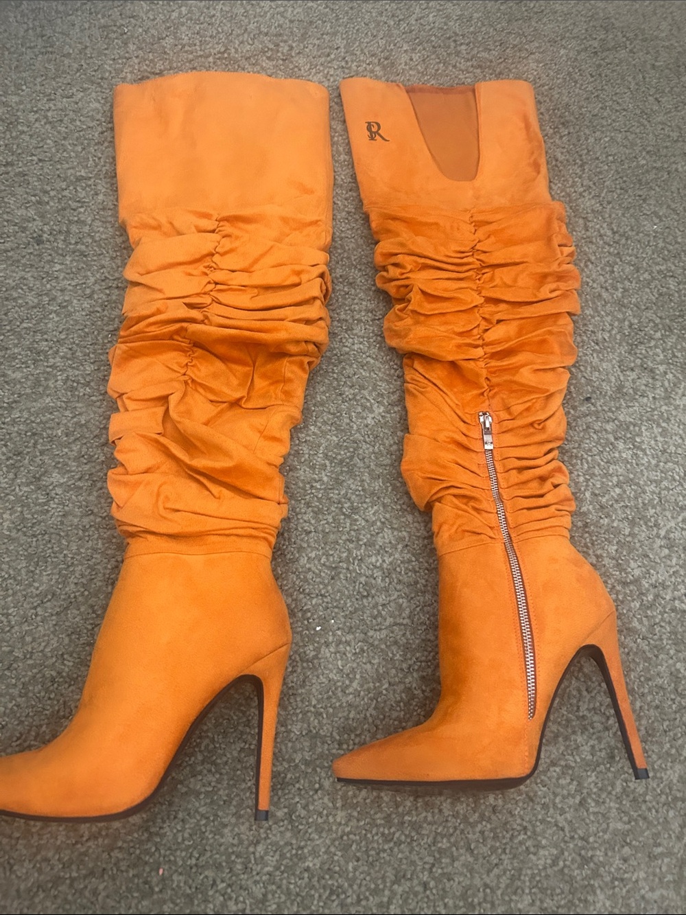 Ruched Over-the-Knee High-Heel Boots in Orange